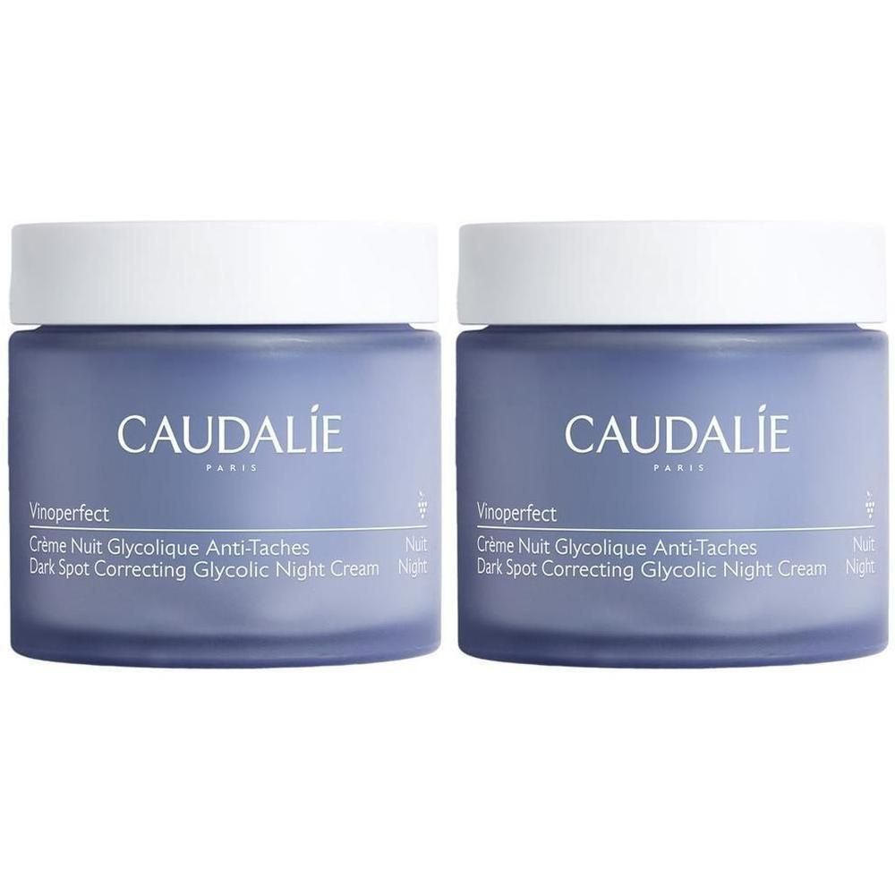 Deux pots bleus avec couvercles blancs. Inscription CAUDALIE. Texte: Vinoperfect, Crème Nuit Glycolique Anti-Taches, Dark Spot Correcting Glycolic Night Cream.