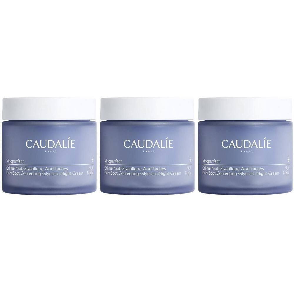 Trois pots de crème avec couvercles blancs. Inscription: CAUDALIE, Vinoperfect, Crème Nuit Glycolique Anti-Taches, Dark Spot Correcting Glycolic Night Cream.