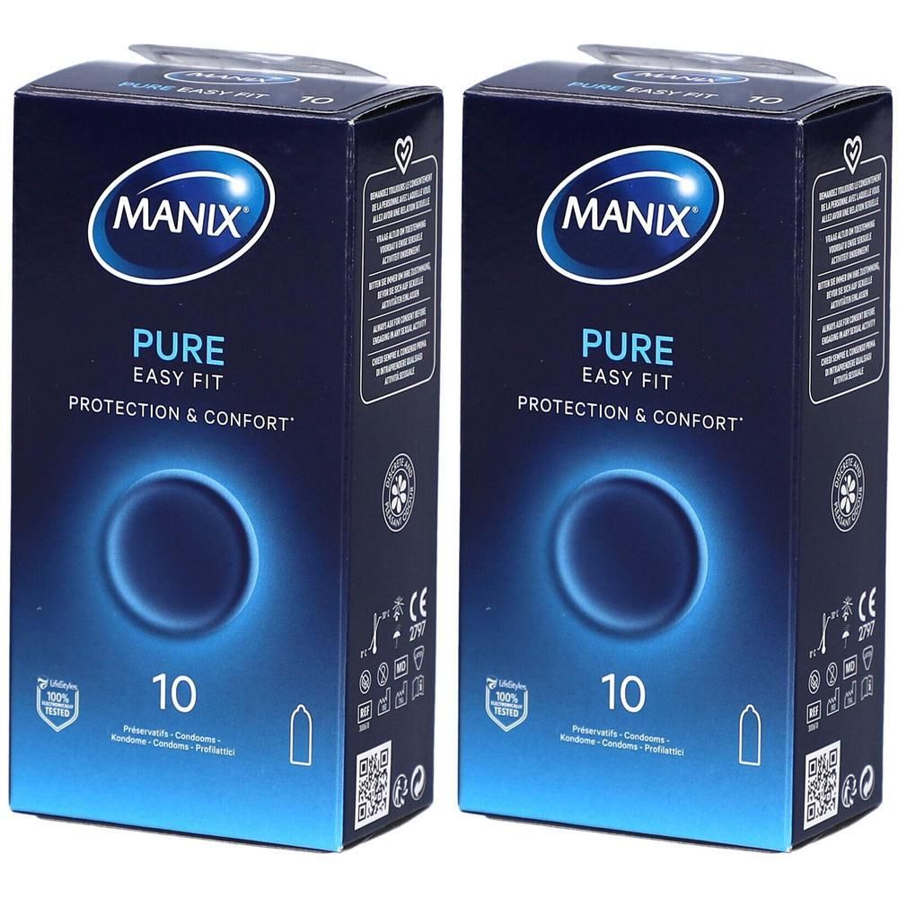Zwei Schachteln mit Kondomen. Aufschrift MANIX PURE, EASY FIT, PROTECTION & CONFORT. Jede Schachtel enthält 10 Stück.