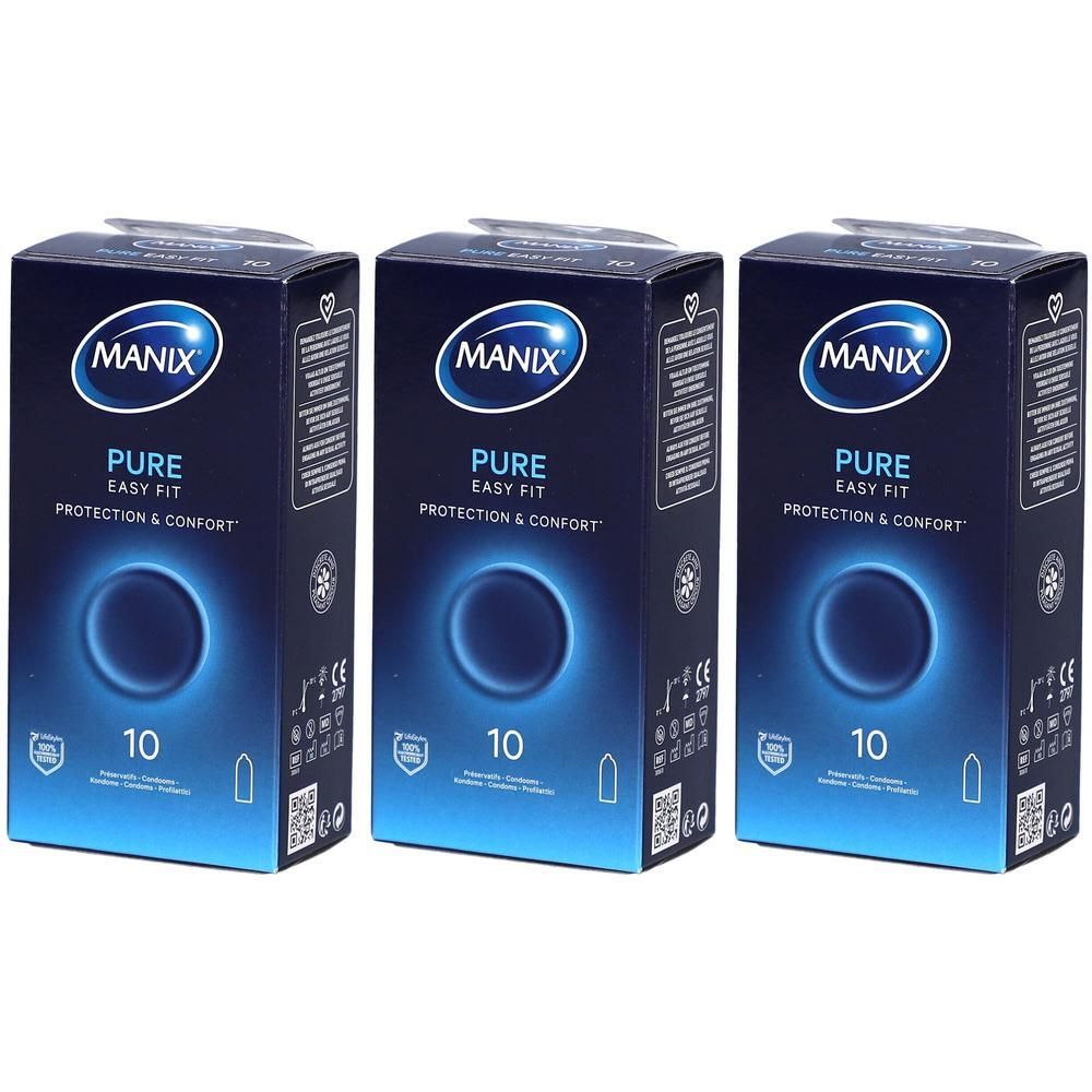 Drei Schachteln mit Kondomen. Auf jeder Schachtel steht "MANIX PURE", "EASY FIT", "PROTECTION & CONFORT" und die Zahl "10".