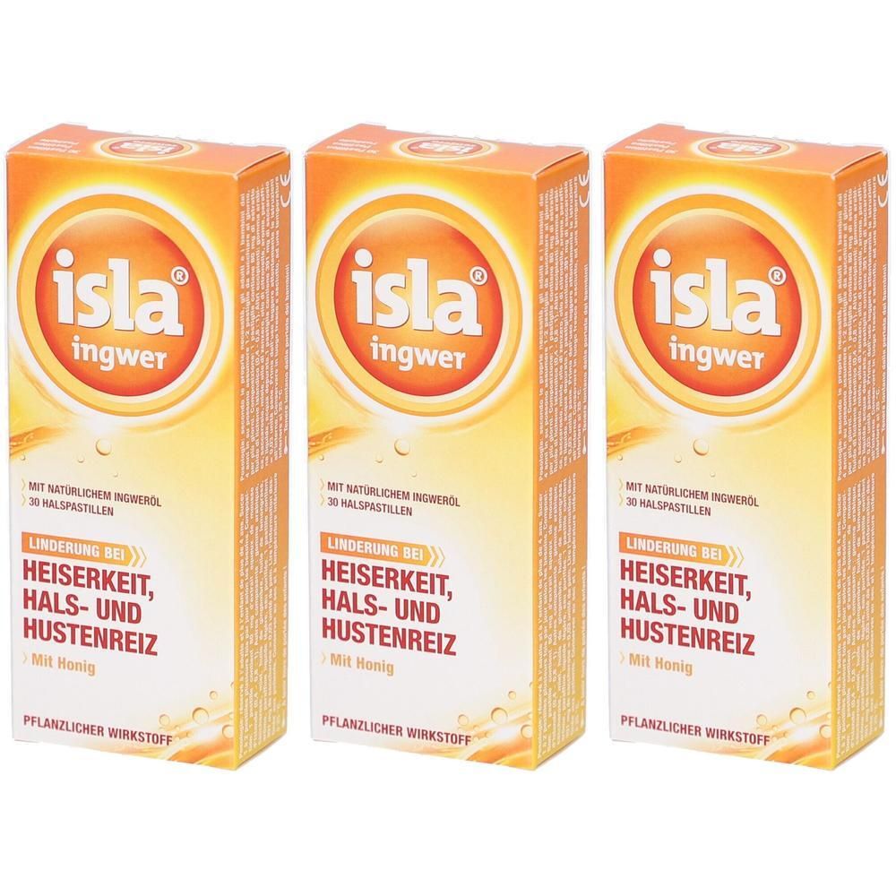 Drei Packungen ISLA Ingwer Pastillen. Orangefarbene Schachteln mit Produktnamen und Text. Aufschrift: Linderung bei Heiserkeit, Hals- und Hustenreiz.