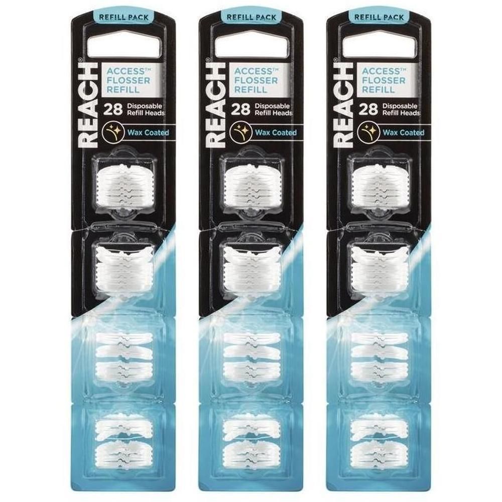 Trois paquets de recharges REACH Access Flosser. Chaque paquet contient 28 têtes de rechange jetables. Cirées.