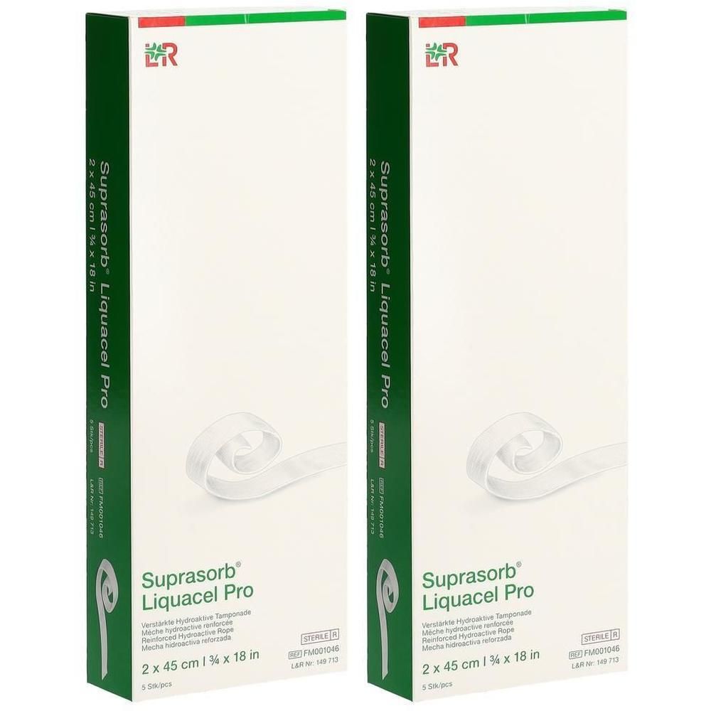 Zwei Packungen Suprasorb Liquacel Pro Wundauflagen, je 2 x 45 cm.