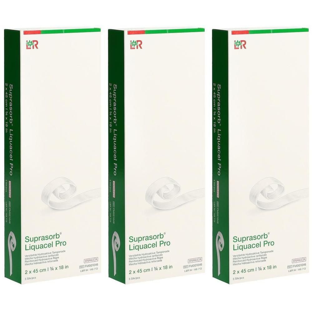 Drei Packungen Suprasorb Liquacel Pro. Jede Packung zeigt Produktname, Größe 2x45 cm, und Logo. Grün-weiße Verpackung.
