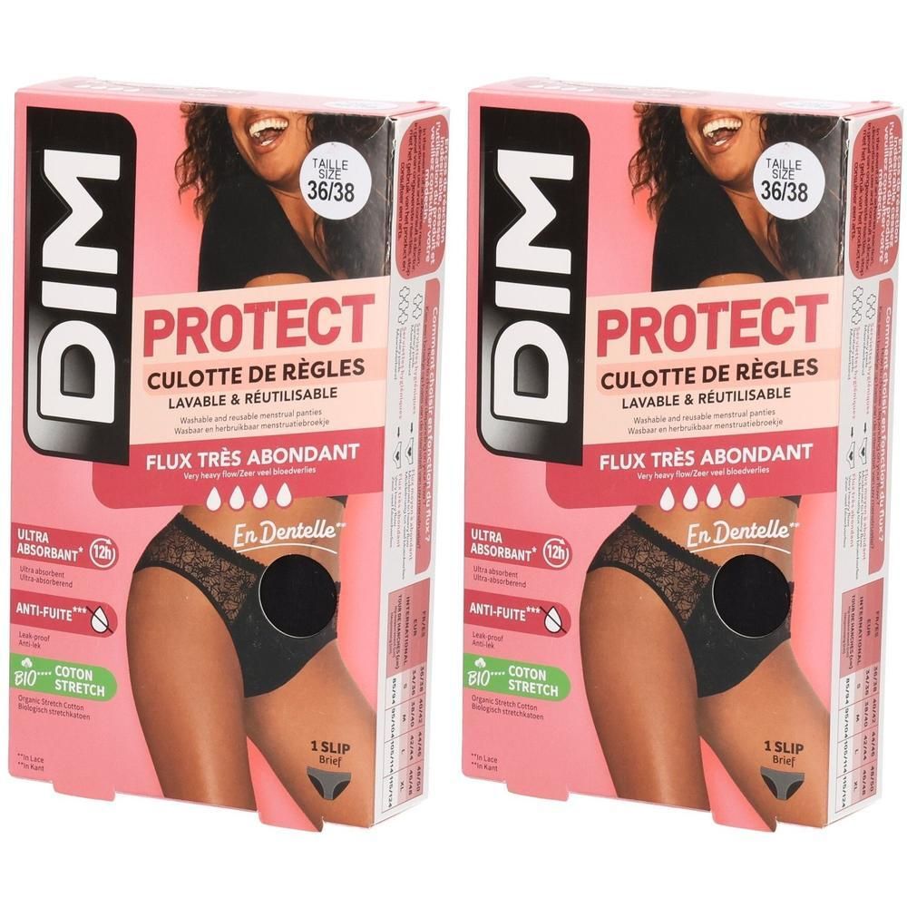 Zwei Packungen DIM Protect Slips. Rosa Verpackung mit Produktabbildung. Schwarzer Slip mit Spitze. Größe 36/38. Ultra absorbierend.
