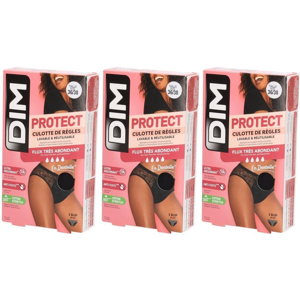 Drei Packungen DIM Protect Slips. Rosa Verpackung mit Produktabbildung. Größe 36/38. Schwarze Spitze. Für sehr starken Fluss.