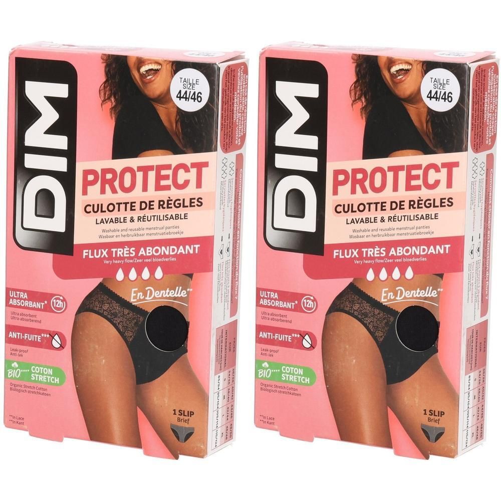 Zwei Packungen DIM Protect Slips. Schwarze Slips, Größe 44/46, mit Spitze. Verpackung mit Produktnamen und Eigenschaften.
