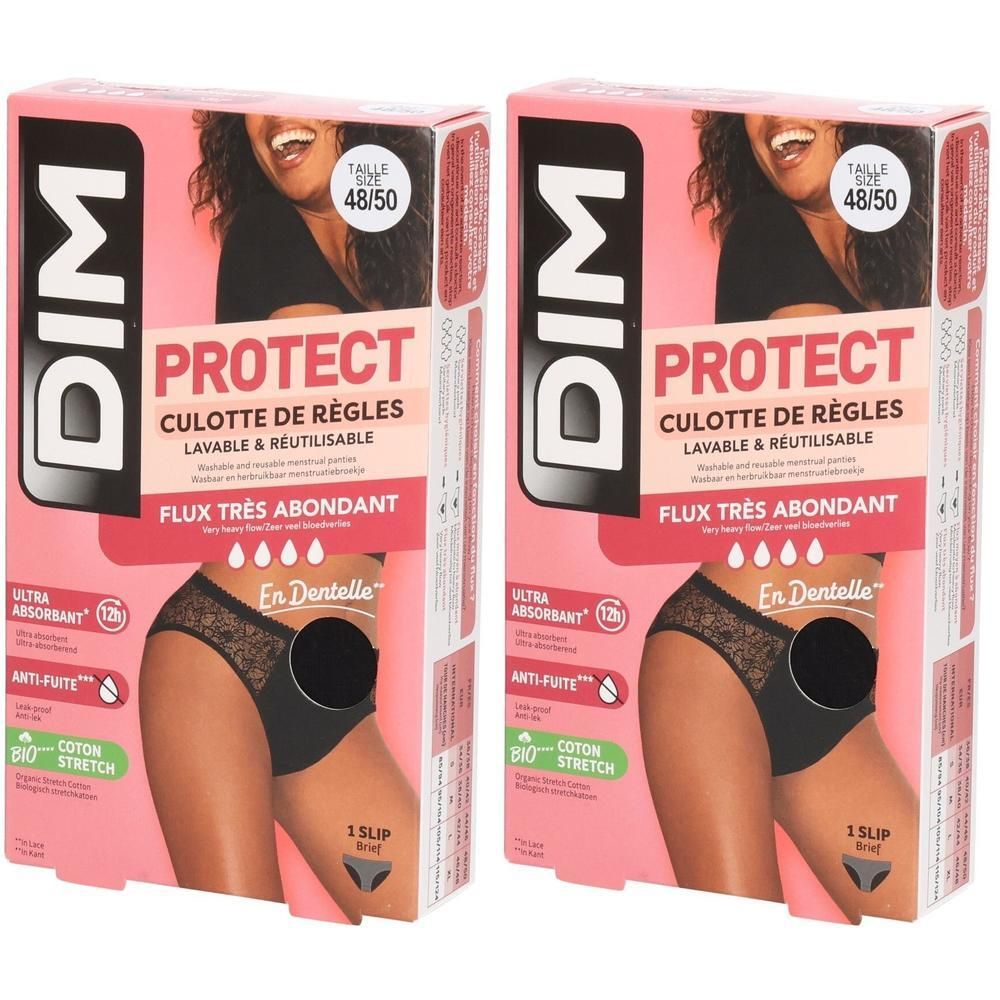 Zwei Packungen DIM Protect Slips. Rosa Verpackung mit Produktabbildung. Größe 48/50. Schwarze Unterwäsche mit Spitze. Sehr stark.