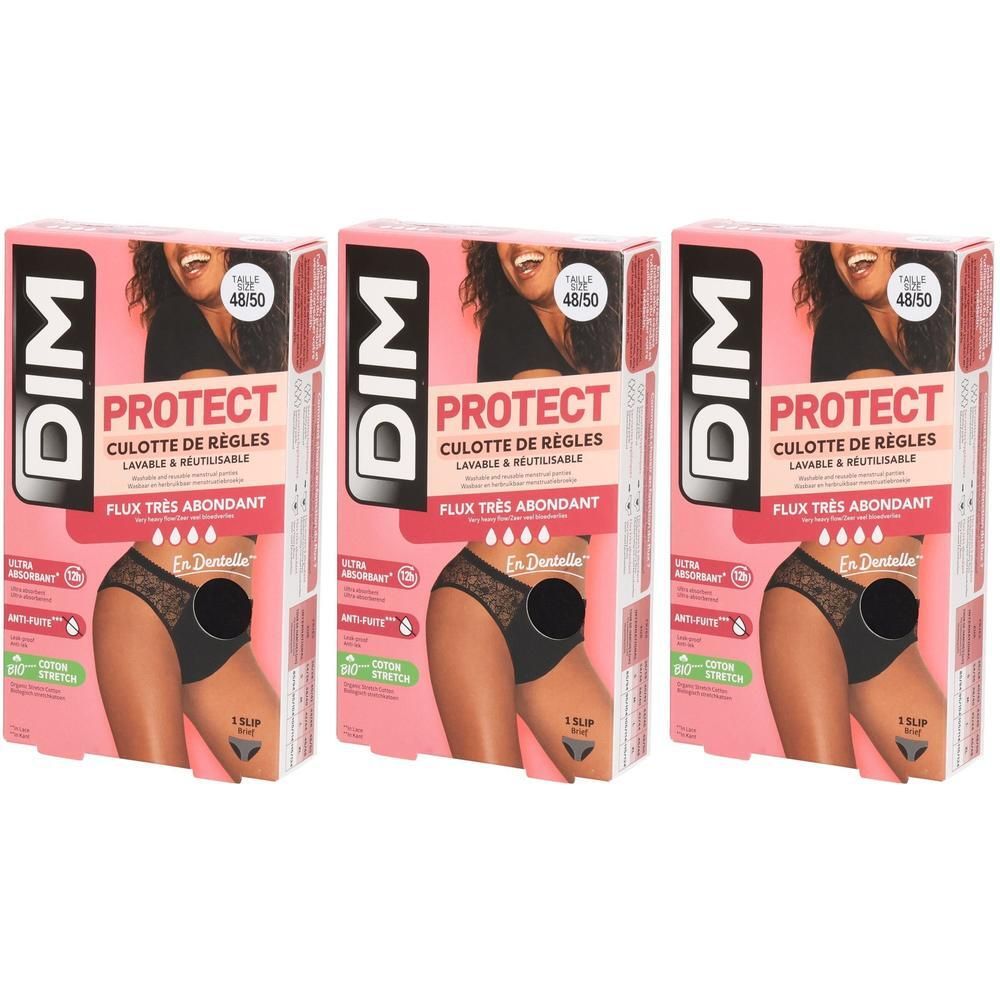 Drei Packungen DIM Protect Slips. Rosa-weiße Verpackung mit Produktabbildung. Größe 48/50. Text: Culotte de règles, Flux très abondant.