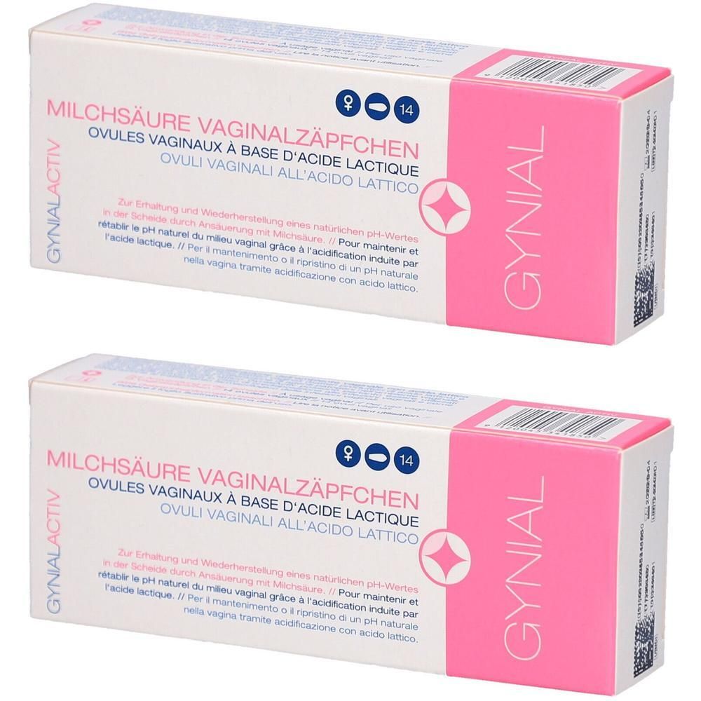 Deux boîtes de GYNIAL ACTIV. Boîtes blanches avec accents roses et informations sur le produit. Inscription : Ovules vaginaux à base d'acide lactique.
