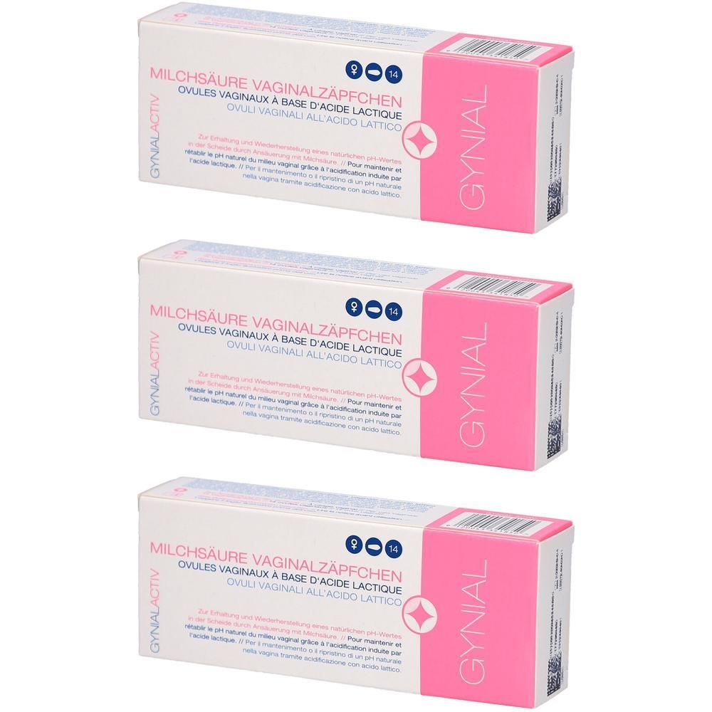 Drei Schachteln mit GYNIAL ACTIV Milchsäure Vaginalzäpfchen. Weiße Schachteln mit rosa Akzenten und Produktbezeichnungen in mehreren Sprachen.