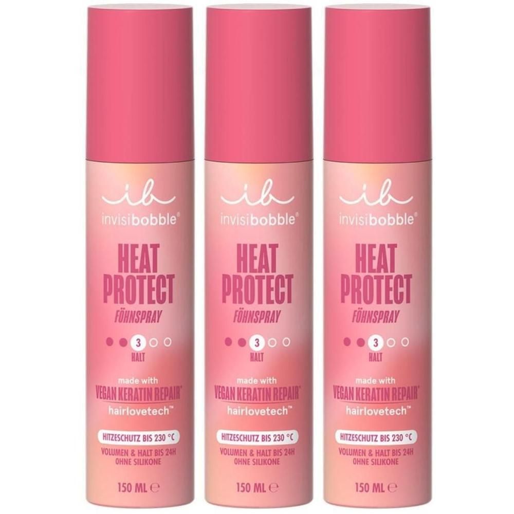Drei invisibobble® Hitzeschutzsprays mit rosa Verschluss. 150 ml.