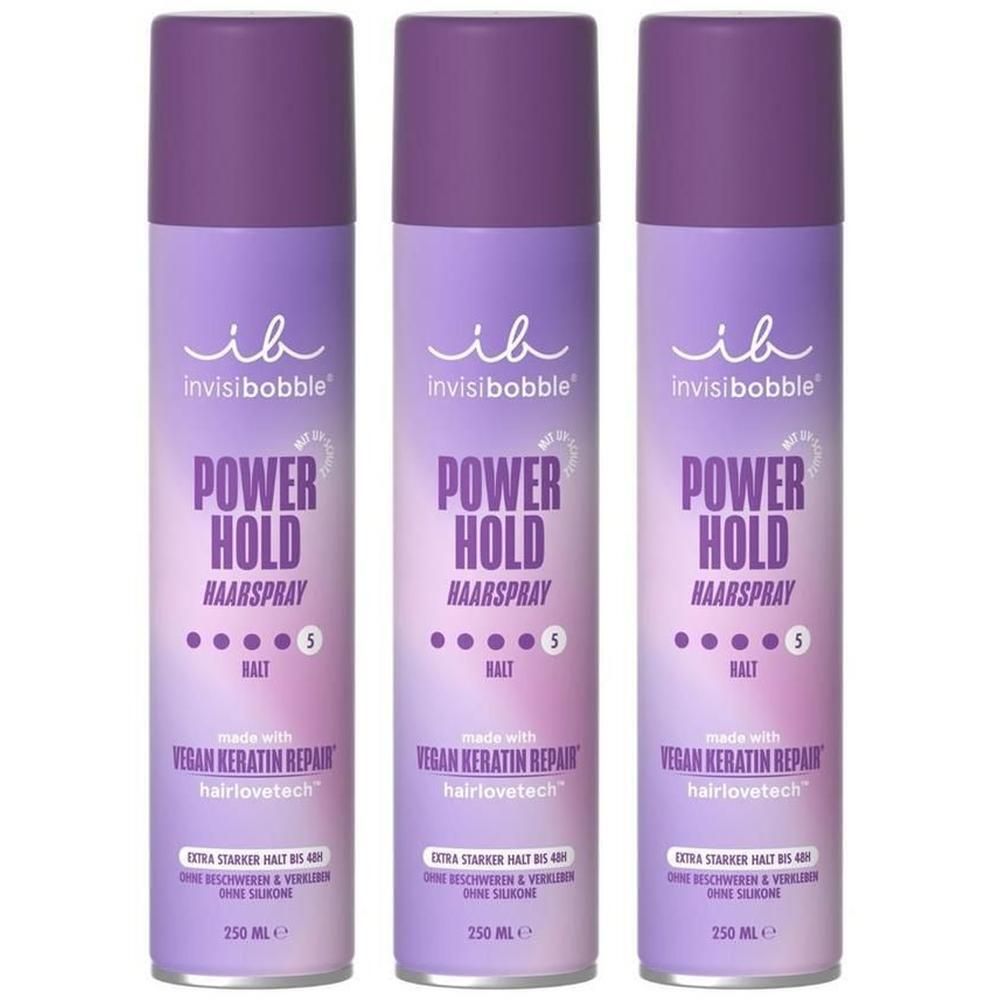 Drei invisibobble® Power Hold Haarspray Dosen in Lila. Jede Dose enthält 250 ml.