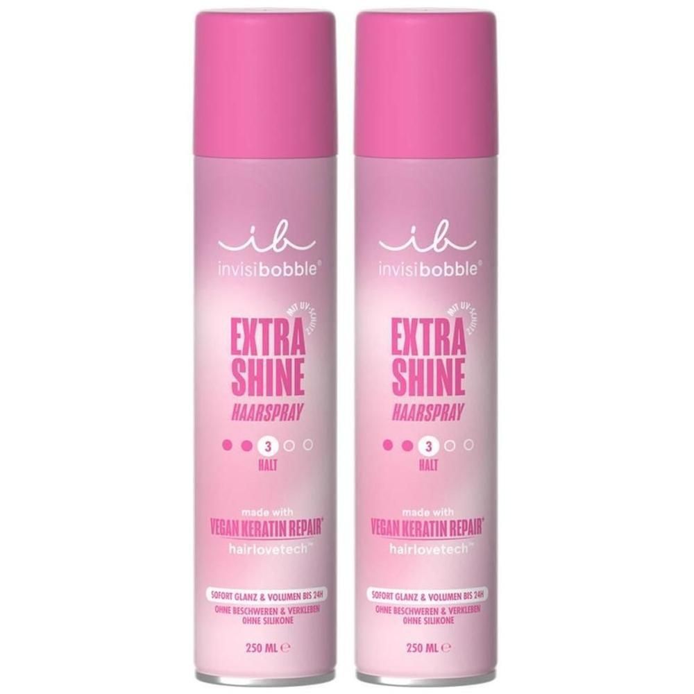 Zwei invisibobble Haarspray Extra Shine Flaschen mit rosa Verschluss. 250 ml.