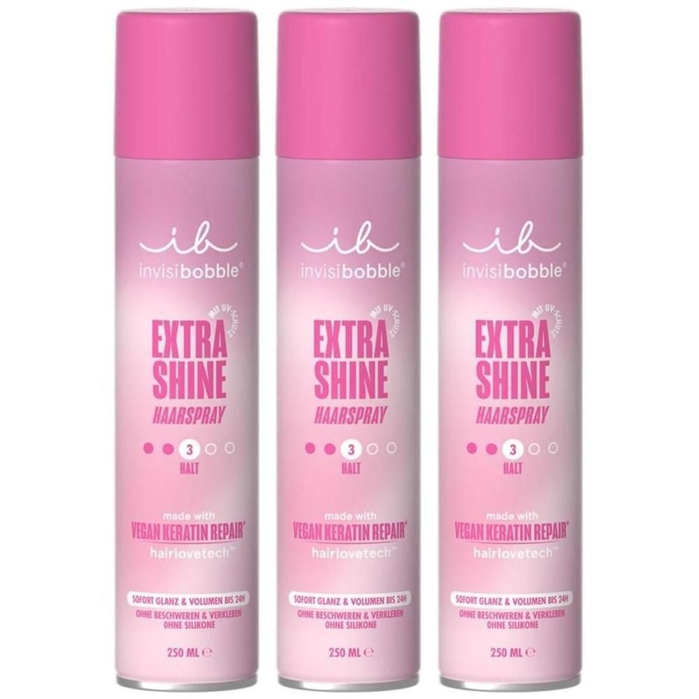 Drei Invisibobble Extra Shine Haarspray Dosen mit pinken Kappen. 250 ml.