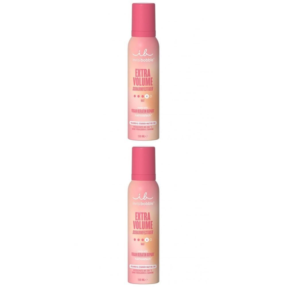 Deux flacons de mousse coiffante invisibobble® Extra Volume roses.