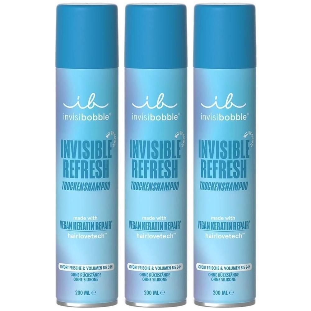 Drei invisibobble® Invisible Refresh Trockenshampoo Sprühdosen mit veganem Keratin Repair.