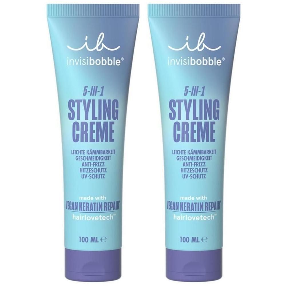 Deux tubes de crème coiffante Invisibobble 5-en-1, 100 ml. Démêlage facile, douceur, anti-frisottis, protection thermique, UV.