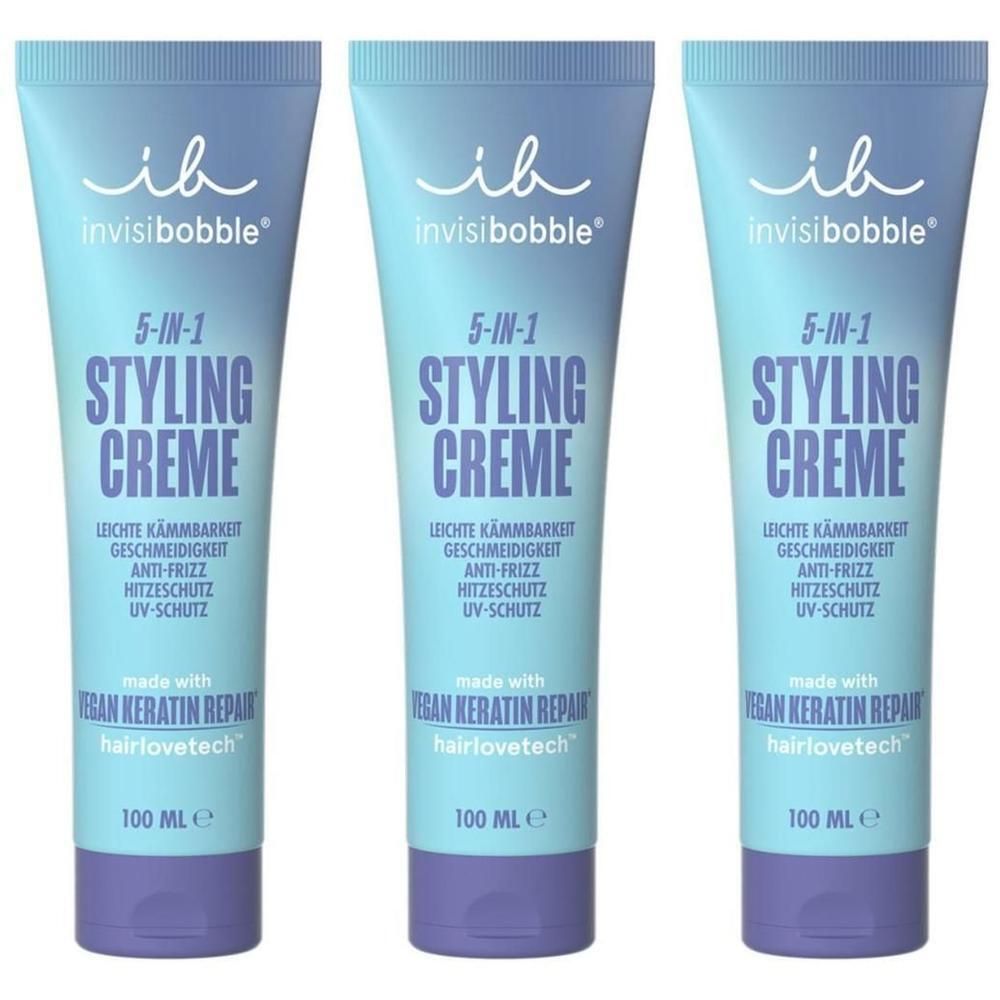 Trois tubes de crème coiffante Invisibobble 5-en-1 avec réparation de kératine végétale.