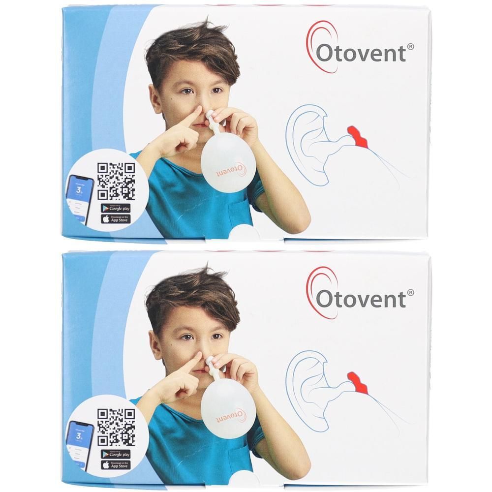 Zwei OTOVENT-Verpackungen. Auf jeder Verpackung ist ein Kind abgebildet, das ein Gerät an der Nase benutzt. OTOVENT-Logo.