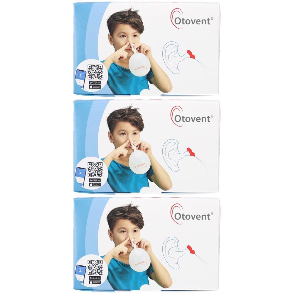Drei OTOVENT-Verpackungen. Jede zeigt ein Kind, das ein Gerät an der Nase benutzt. OTOVENT-Logo und QR-Code auf jeder Packung.