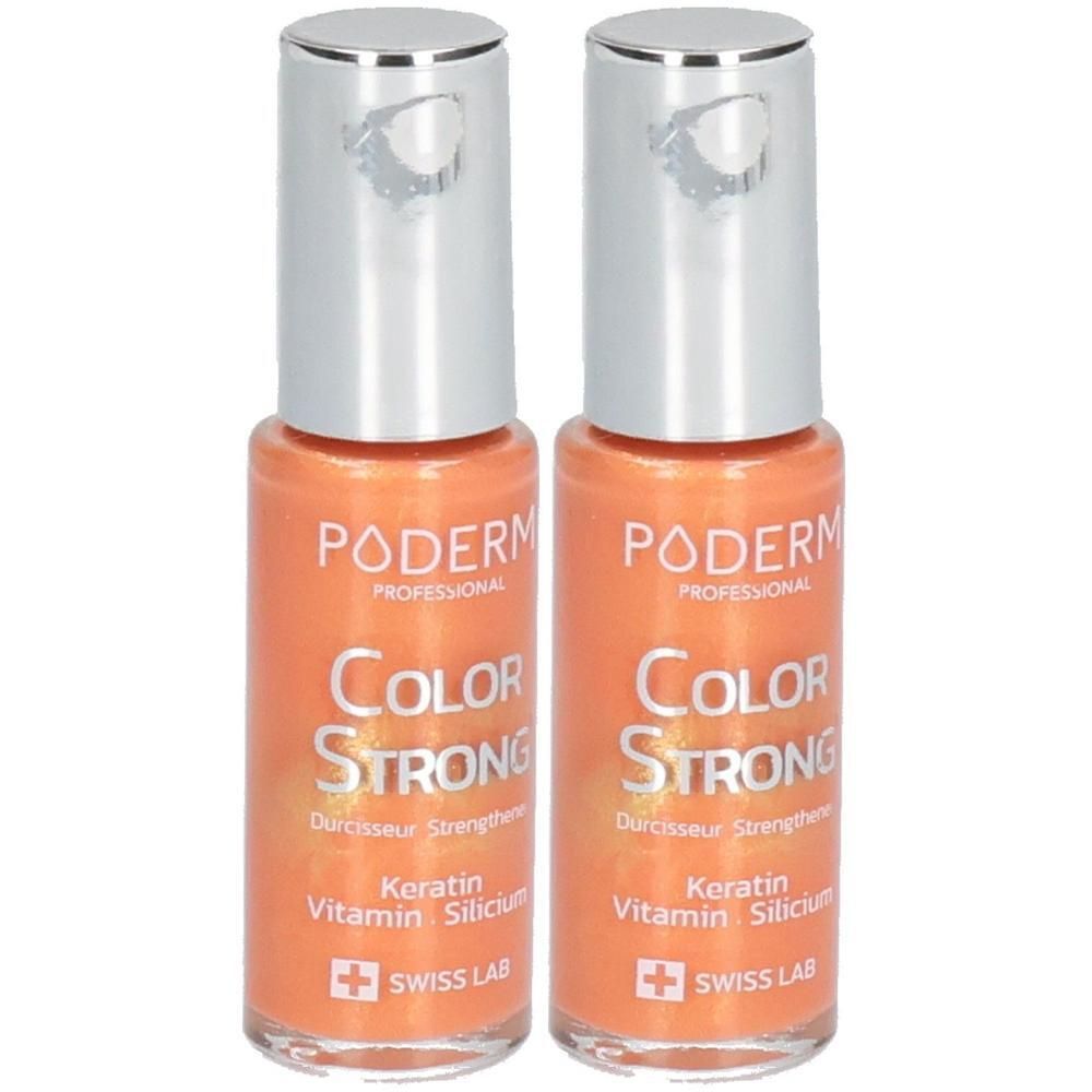 Zwei Flaschen Nagellack. Orangefarbener Lack mit silbernem Deckel. Aufschrift: PODERM, COLOR STRONG, Keratin, Vitamin, Silicium, SWISS LAB.