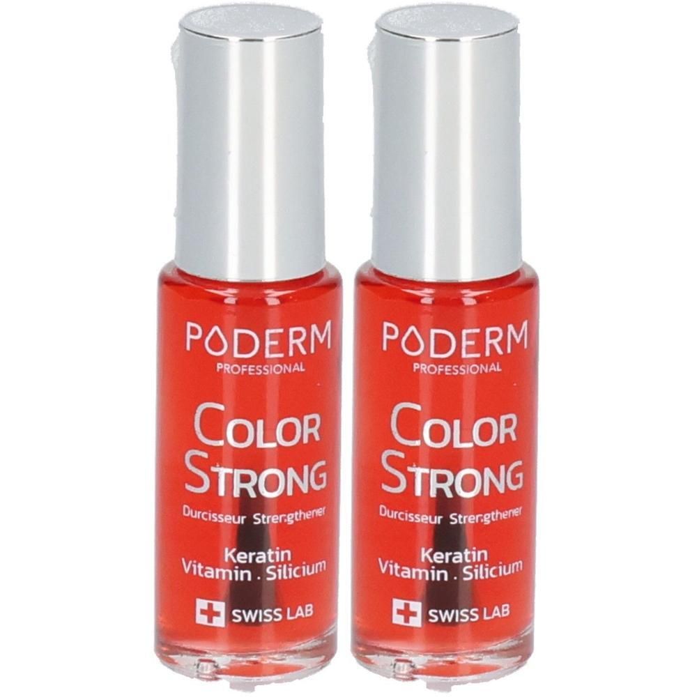 Zwei Flakons mit rotem Nagellack. Silberfarbene Kappen. Aufschrift: PODERM, Color Strong, Keratin, Vitamin, Silicium, Swiss Lab.