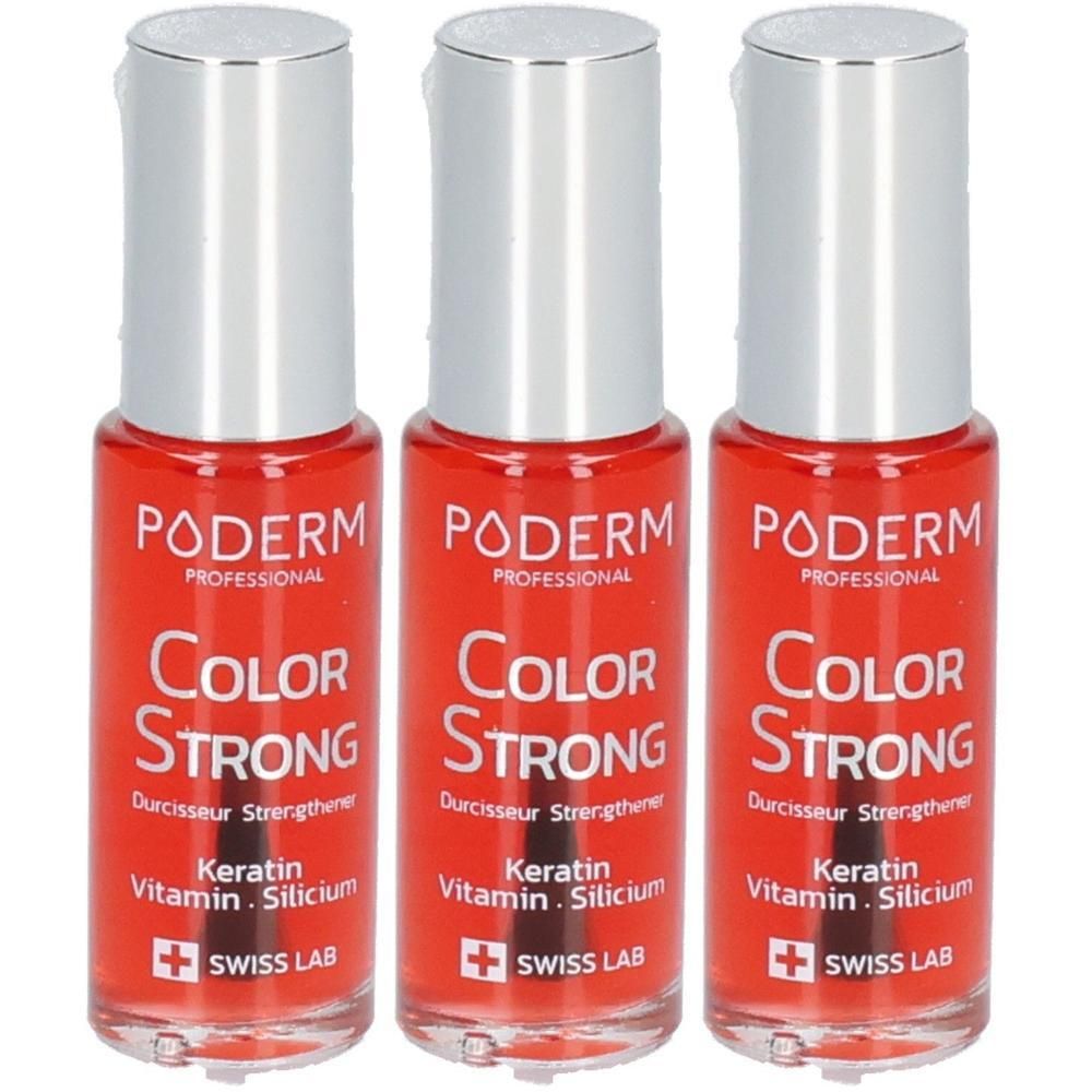 Drei Flaschen Nagellack. Rote Flüssigkeit in zylindrischen Glasflaschen mit silbernen Deckeln. Aufschrift: PODERM Color Strong.