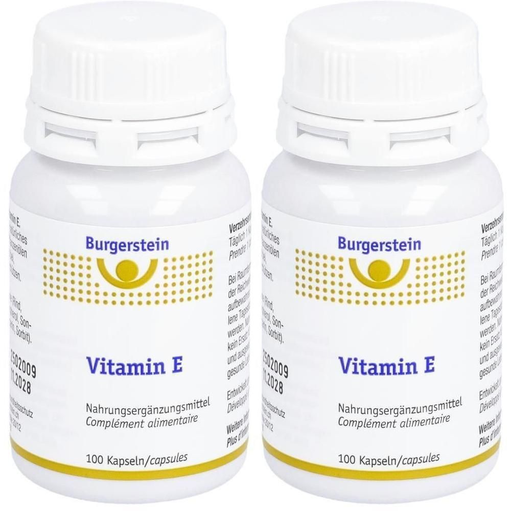 Zwei weiße Flaschen mit Schraubverschluss. Aufschrift: Burgerstein Vitamin E, Nahrungsergänzungsmittel, 100 Kapseln. Gelbes Logo.