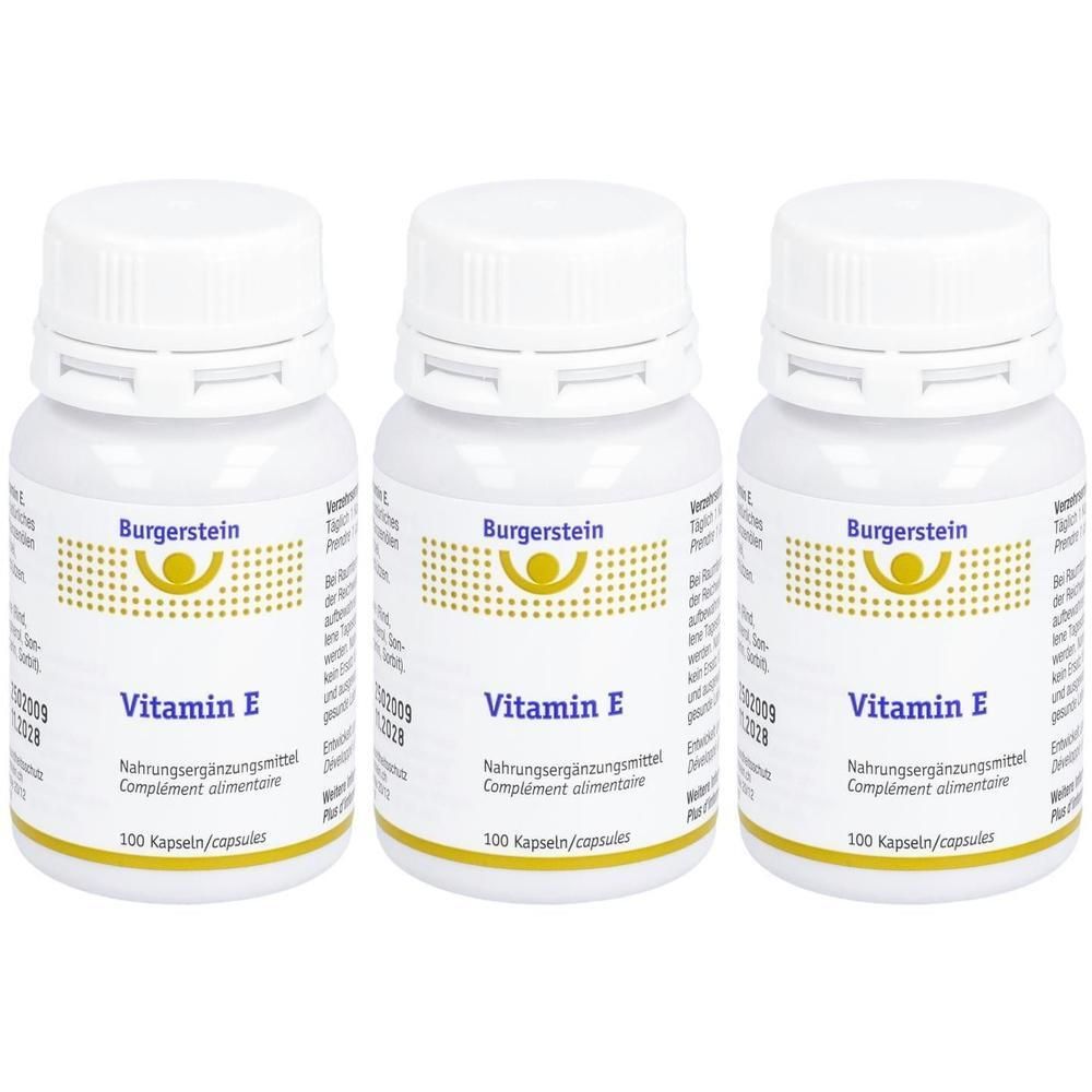 Drei weiße Flaschen mit Schraubverschluss. Auf jeder Flasche steht "Burgerstein Vitamin E". Darunter "100 Kapseln/capsules".