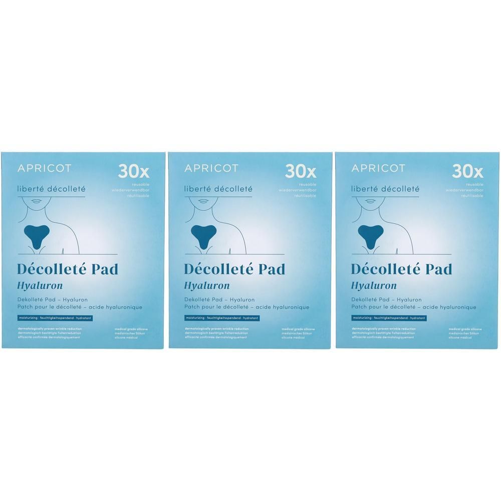 Drei quadratische Verpackungen. Auf jeder steht: APRICOT, Décolleté Pad, Hyaluron, 30x. Abbildung eines Dekolletés.