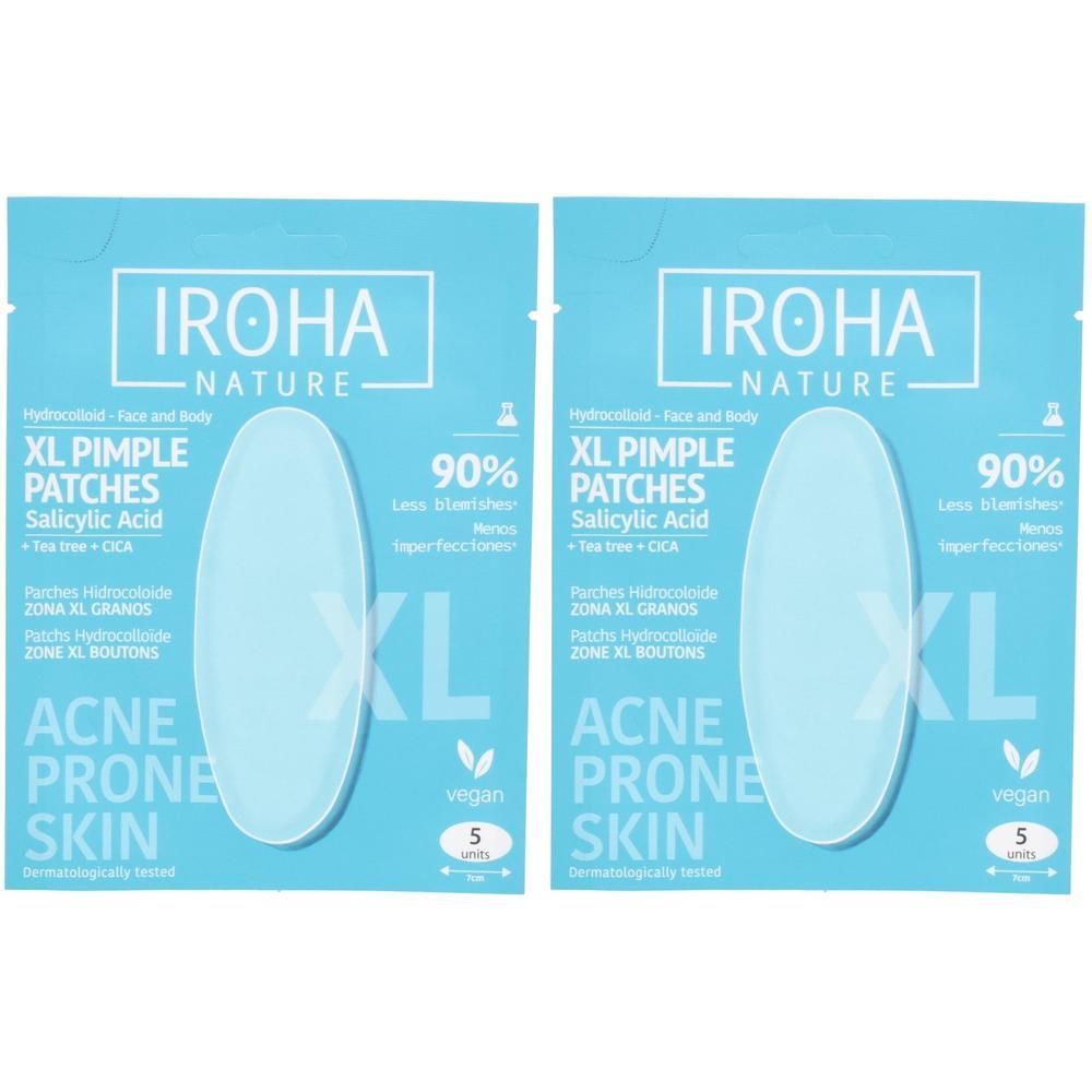 Deux paquets de patchs hydrocolloïdes XL Iroha Nature pour peaux acnéiques. 5 patchs par paquet.