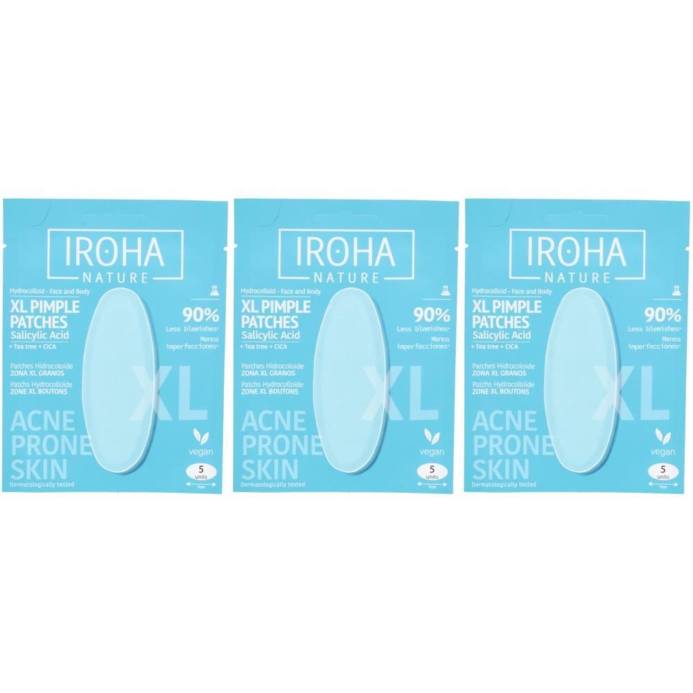 Trois paquets de patchs hydrocolloïdes XL IROHA NATURE pour peaux à tendance acnéique, avec acide salicylique.