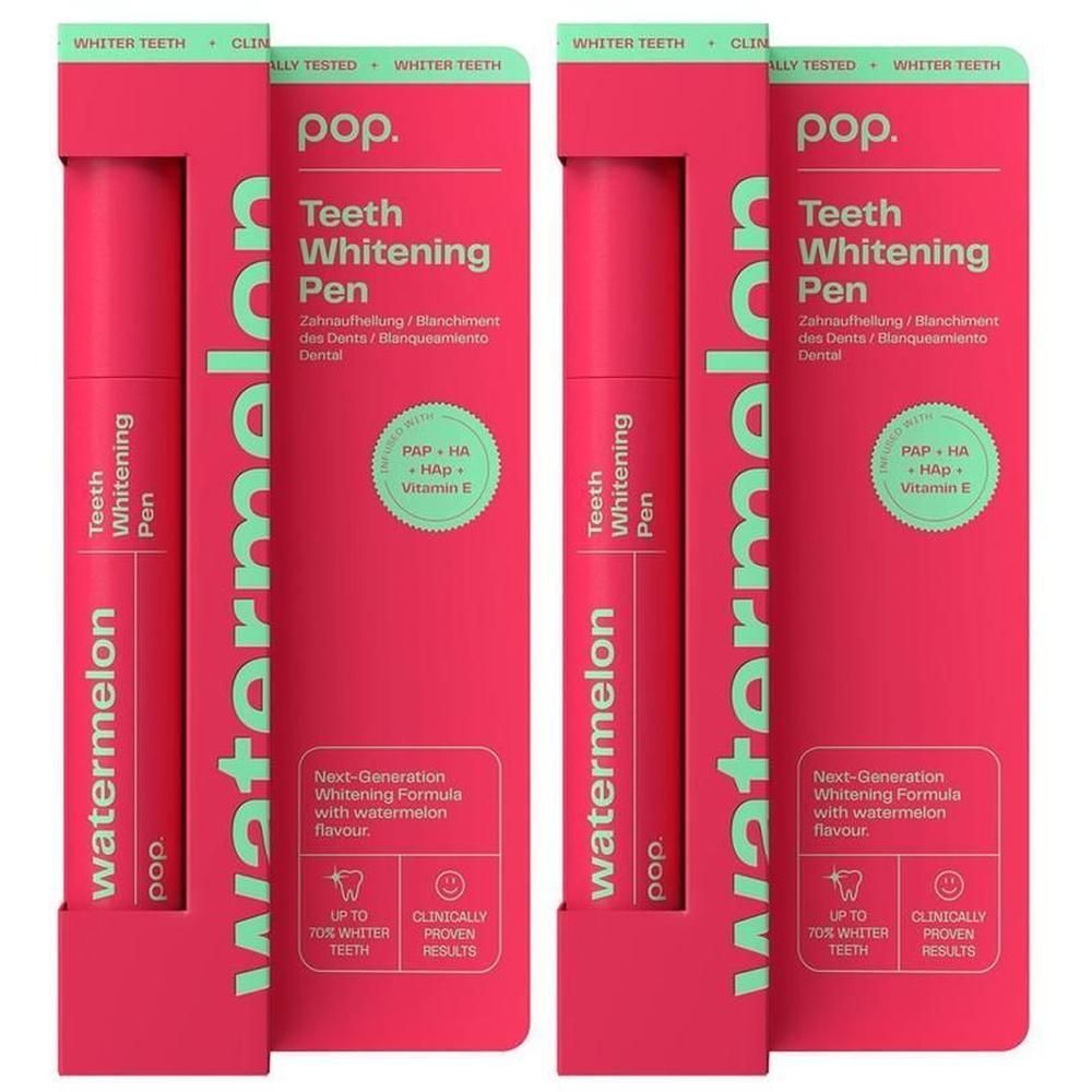 Deux stylos blanchissants Pop. Emballage rouge avec texte blanc. Inscription: Watermelon, Teeth Whitening Pen. Vert: PAP + HA, Vitamine E.