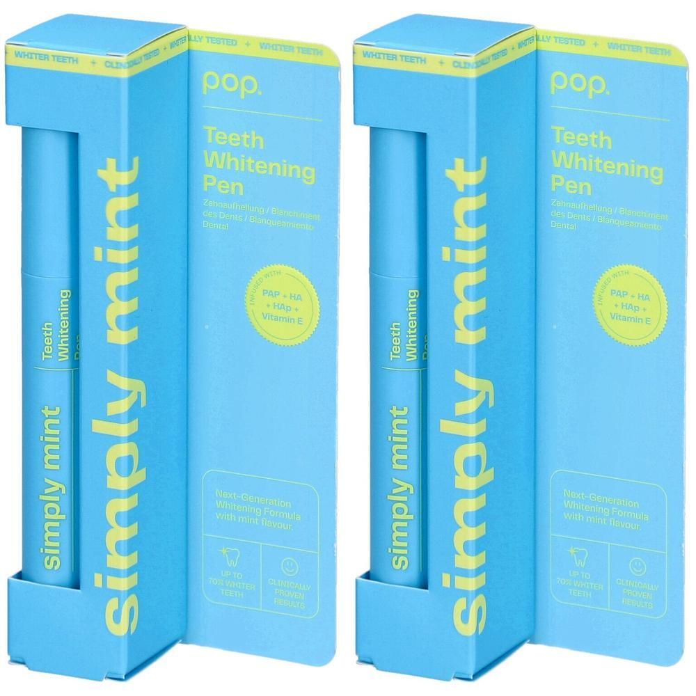 Deux boîtes bleues avec stylos. Inscription : "simply mint" et "Teeth Whitening Pen". Texte jaune. Produit de blanchiment des dents.