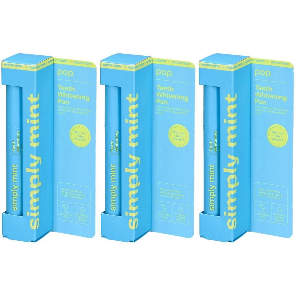 Trois stylos blanchissants pour les dents. Emballage bleu avec texte jaune. Inscription : Simply Mint, Pop, Teeth Whitening Pen.