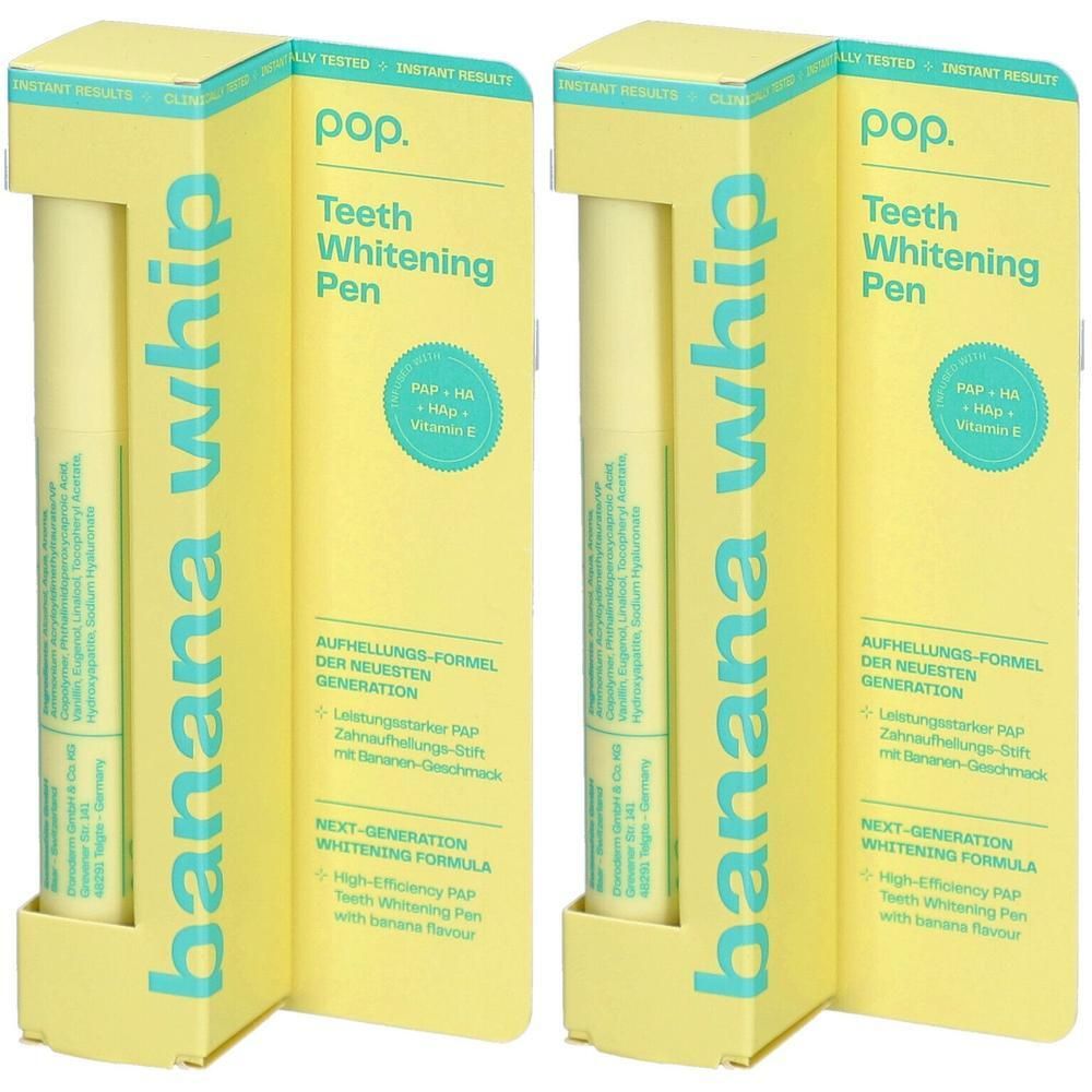 Deux boîtes jaunes avec stylos. Inscription : pop. Teeth Whitening Pen. Inscription : banana whip. Inscription : PAP + HA + Vitamine E.