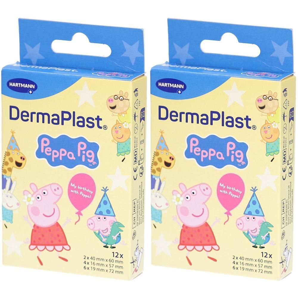 Zwei Packungen DERMAPLAST Kids Pflaster mit Peppa Pig-Motiv. Jede Packung enthält 12 Pflaster in drei Größen. Verpackung mit Hartmann-Logo.