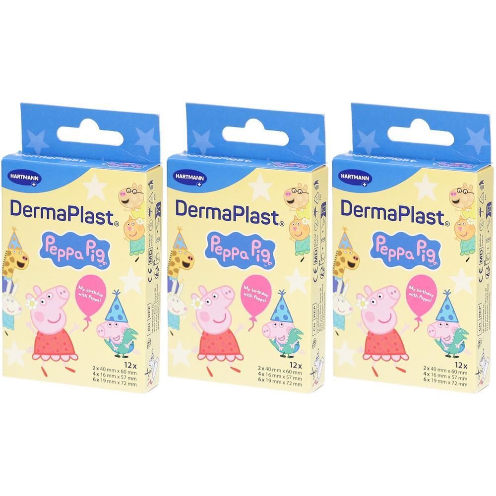 Drei Packungen Kinderpflaster mit Peppa Wutz-Motiv. Jede Packung zeigt das Logo "DermaPlast" und enthält 12 Pflaster.