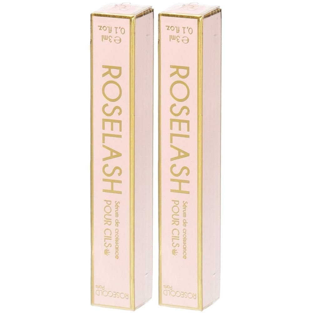 Zwei rosa-goldene Schachteln. Aufschrift: ROSELASH POUR CILS, Serum de croissance. Oben: e3ml, 0.1 fl oz.