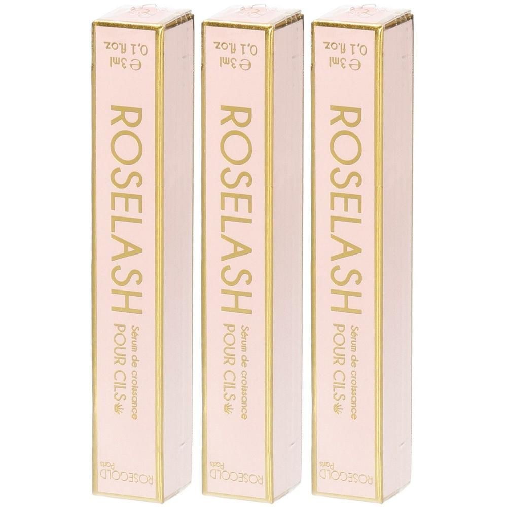 Drei längliche, rosafarbene Schachteln mit goldfarbener Schrift. Auf jeder steht „ROSELASH POUR CILS“ und „Sérum de croissance“.