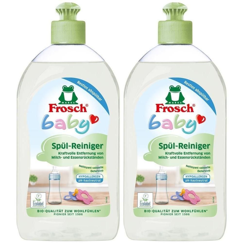 Deux flacons de liquide vaisselle Frosch Baby. Liquide clair dans des bouteilles transparentes avec bouchon vert. Impression avec logo Frosch et informations produit.