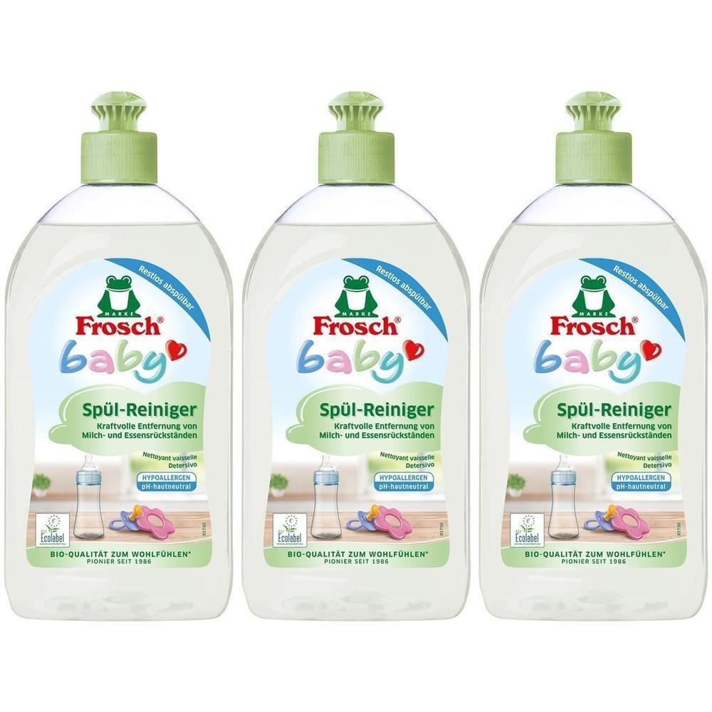 Trois flacons de nettoyant pour bébé FROSCH. Chaque flacon a un bouchon vert et le logo Frosch. Texte : Spül-Reiniger.
