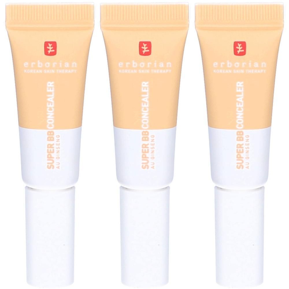 Drei Tuben ERBORIAN Super BB Concealer in Nude mit weißem Verschluss. Obere Hälfte der Tube ist hellorange.