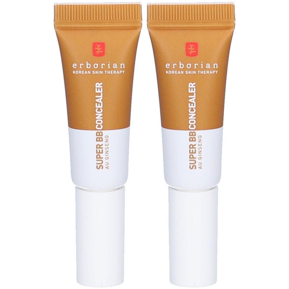 Deux tubes de correcteur. Inscription : Erborian, Super BB Concealer, Au Ginseng. Teinte : Caramel. Bouchon blanc.