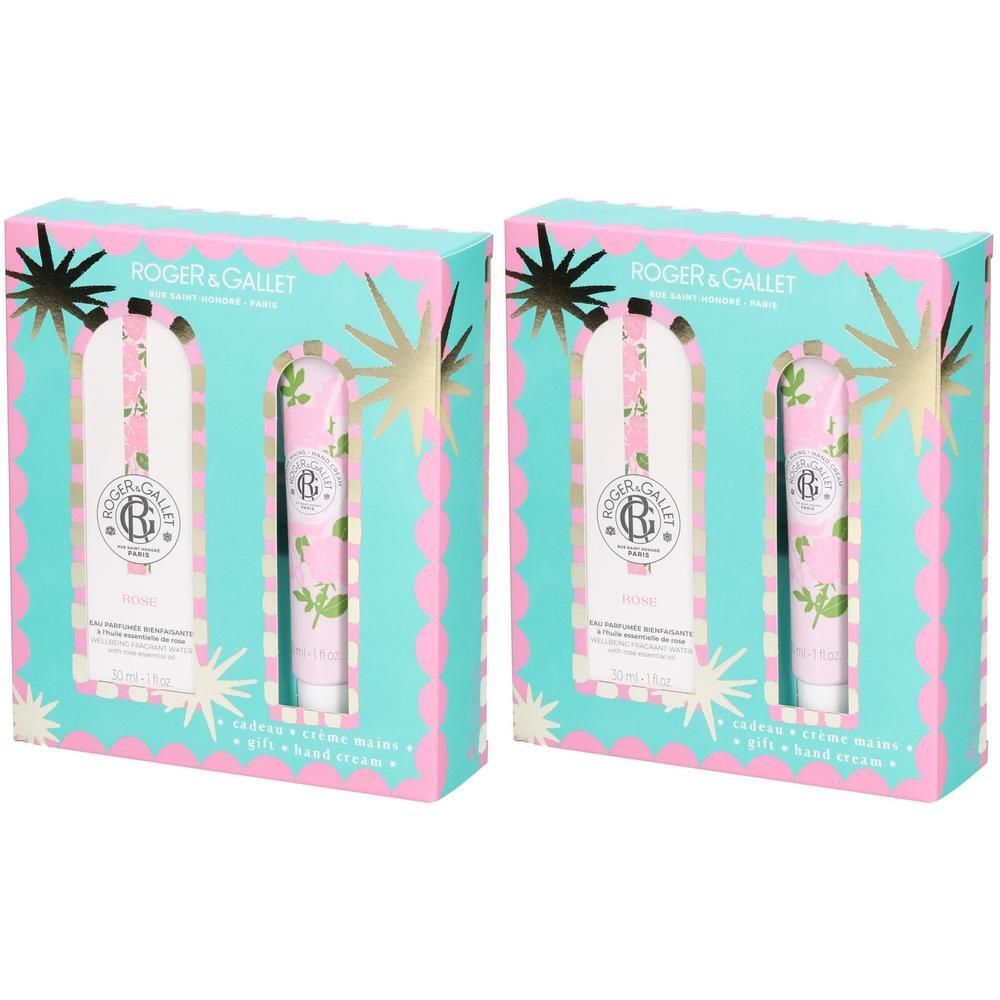 Deux coffrets cadeaux. Chaque boîte contient une bouteille et un tube. Inscription: ROGER & GALLET. Emballage rose et turquoise.