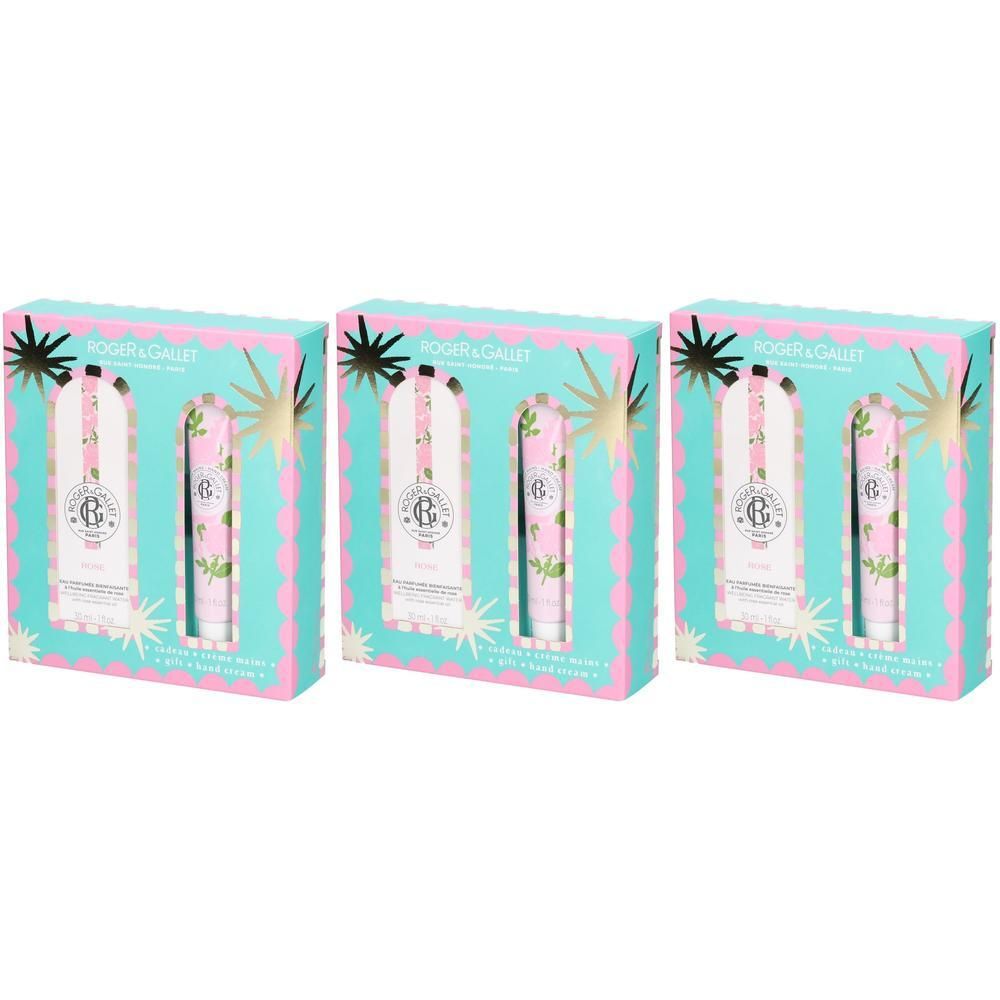 Trois coffrets cadeaux. Chaque boîte contient un produit et un tube. Inscription : ROGER & GALLET. Emballage rose et turquoise.