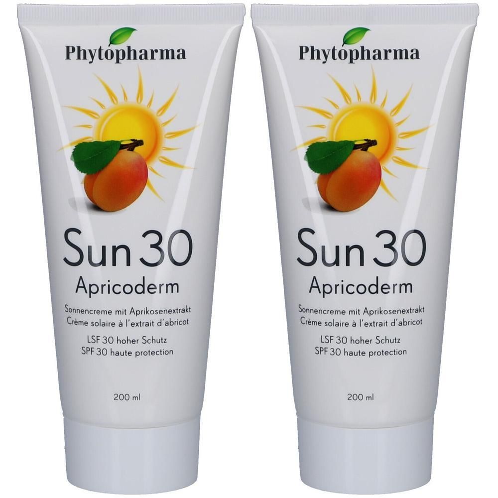 Deux tubes de crème solaire. Sur chaque tube: marque Phytopharma, motif soleil, texte Sun 30 Apricoderm, FPS 30, 200 ml.