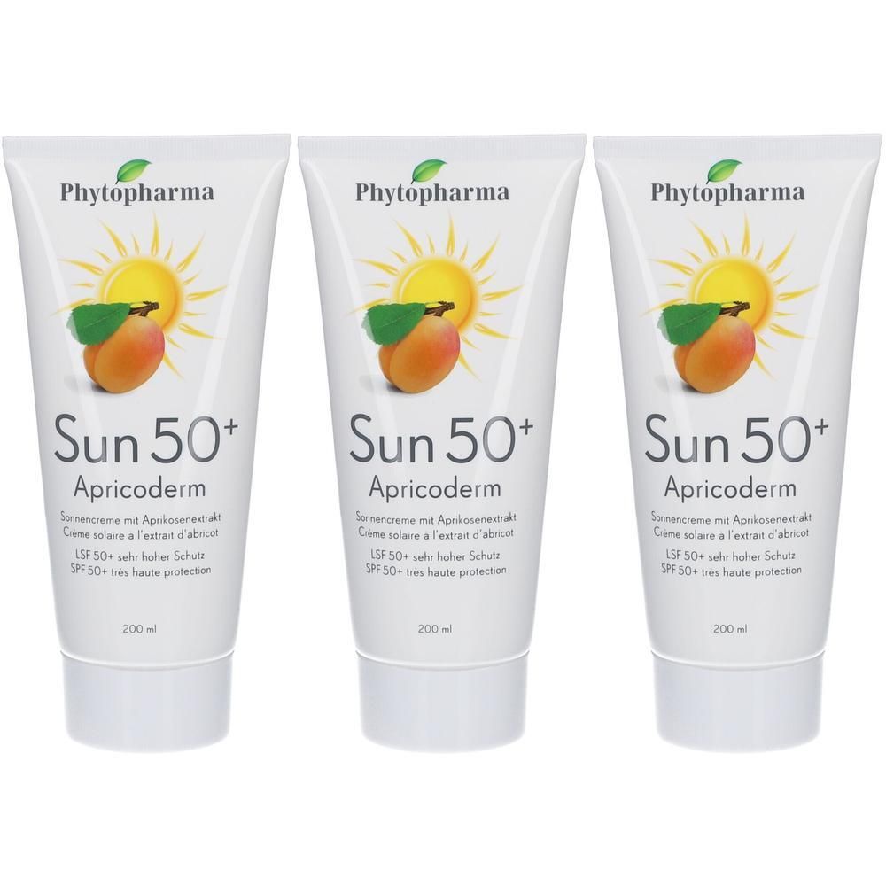 Trois tubes de crème solaire. Sur chaque tube: marque Phytopharma, nom du produit Sun 50+ Apricoderm, image soleil et abricot. Texte: SPF 50+.