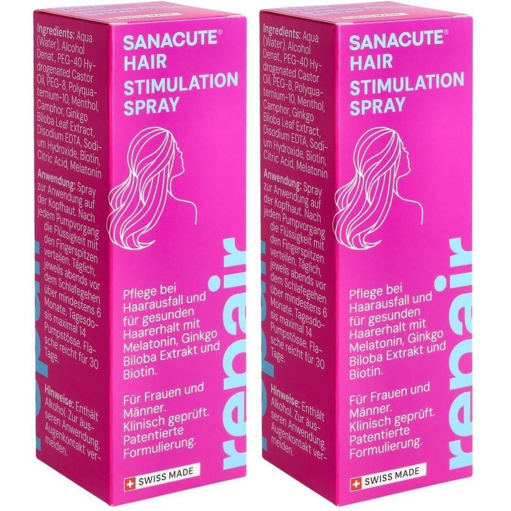 Deux boîtes roses SANACUTE Hair Stimulation Spray. Texte blanc, silhouette de femme. Inscription Swiss Made.